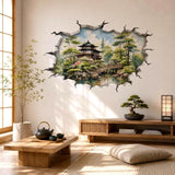 3D Japanese Garden Wall Vinyl Decal | Zen Pagoda Bridge Broken Wall Illusion Sticker | Watercolor Landscape Wall Art | Spa Yoga Decor