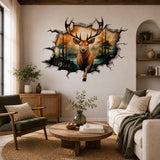 3D Deer Wall Vinyl Decal | Stag Broken Wall Illusion Sticker | Forest Wildlife Wall Art | Rustic Cabin Lodge Decor | Autumn Scene