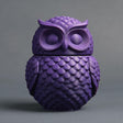 Detailed 3D printed owl-shaped memorial urn with removable lid in matte PLA displayed against a soft gray background.
