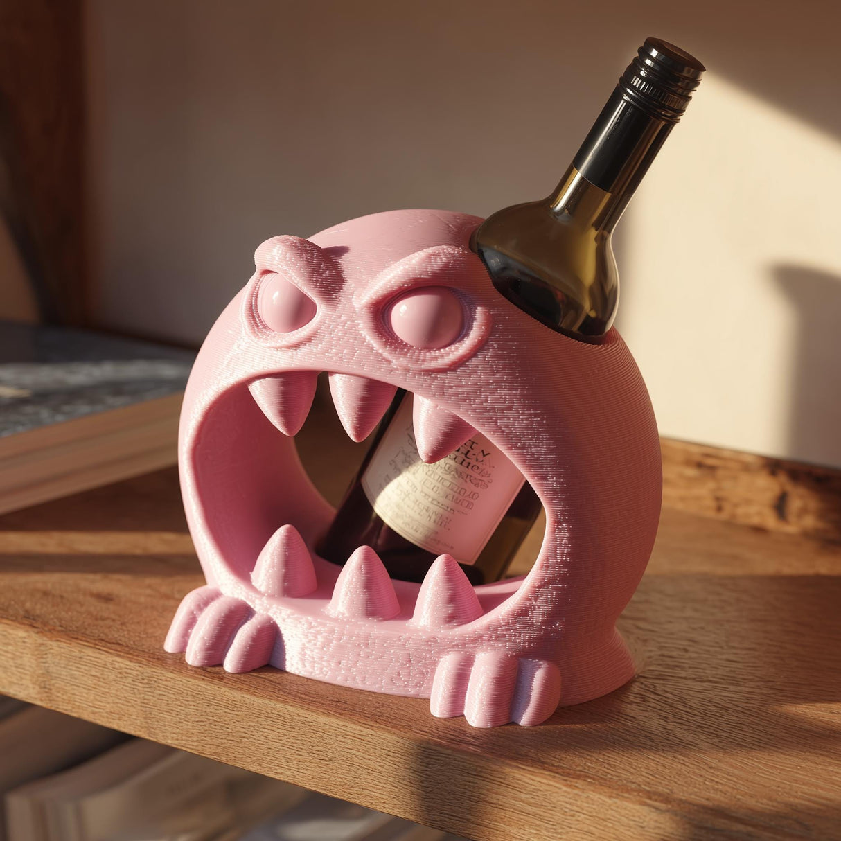 3D printed pink monster wine bottle holder with large teeth holding a wine bottle on a wooden shelf in warm sunlight.
