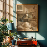 English Budgerigar Reading in Bed Poster | Modern Gouache Bird Wall Art | Warm Beige Oat Milk Decor | Cozy Minimalist Bedroom Print