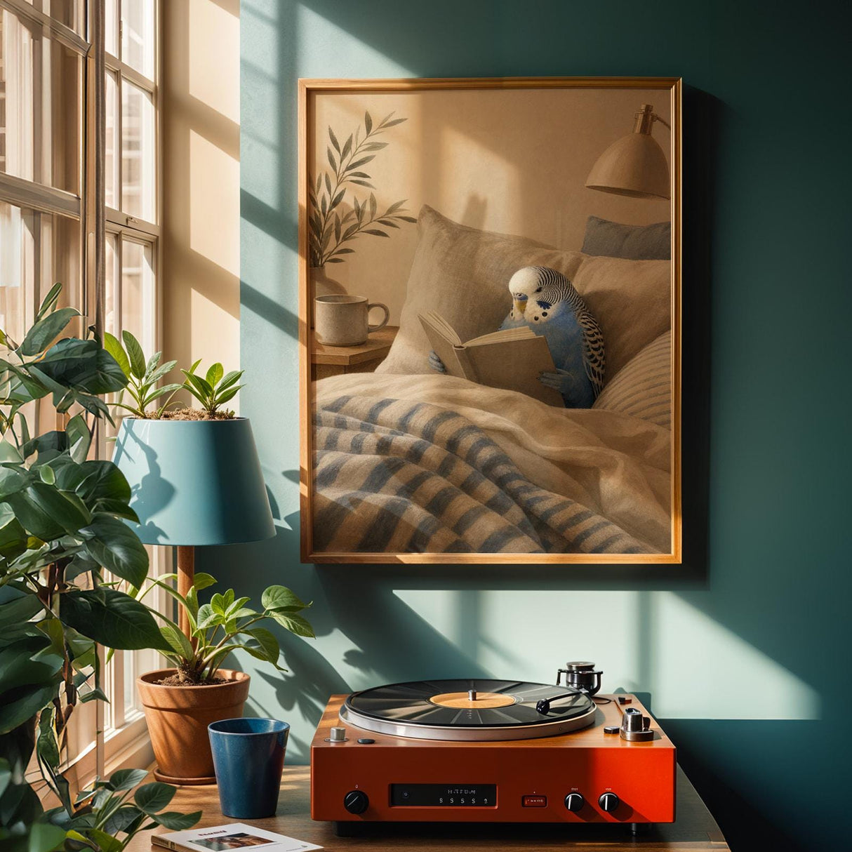 Cobalt Blue Budgerigar Reading in Bed Poster | Modern Gouache Bird Wall Art | Cobalt Blue Warm Beige Decor | Cozy Minimalist Bedroom Print