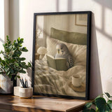 Grey Budgerigar Reading in Bed Poster | Modern Soft Gouache Bird Wall Art | Warm Beige Dusty Sage Decor | Cozy Minimalist Bedroom Print