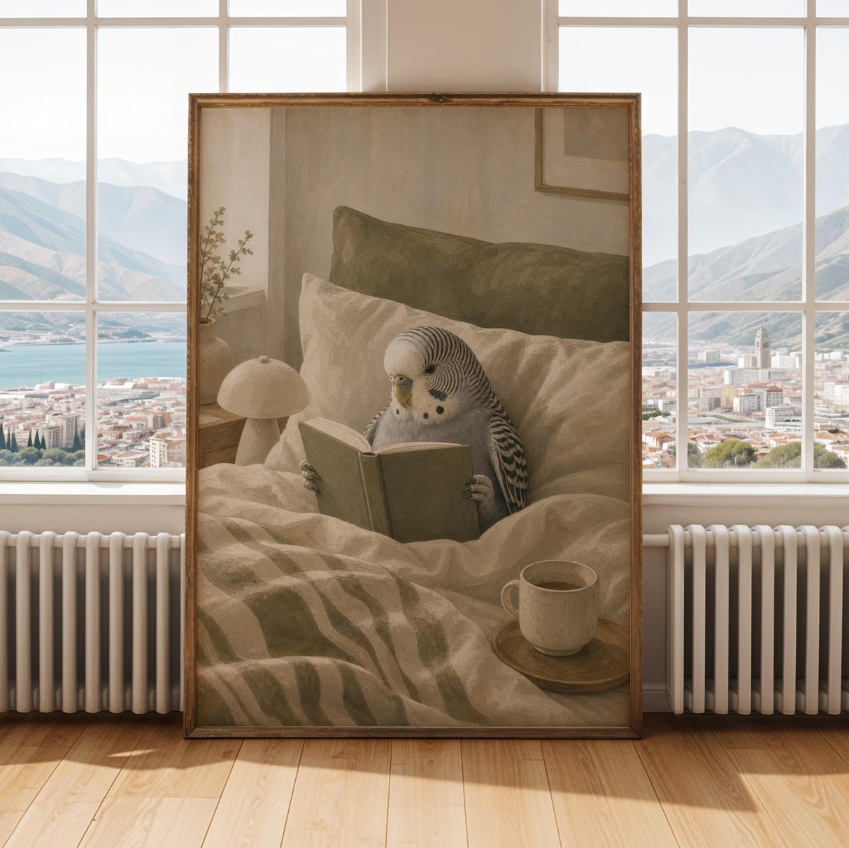 Grey Budgerigar Reading in Bed Poster | Modern Soft Gouache Bird Wall Art | Warm Beige Dusty Sage Decor | Cozy Minimalist Bedroom Print