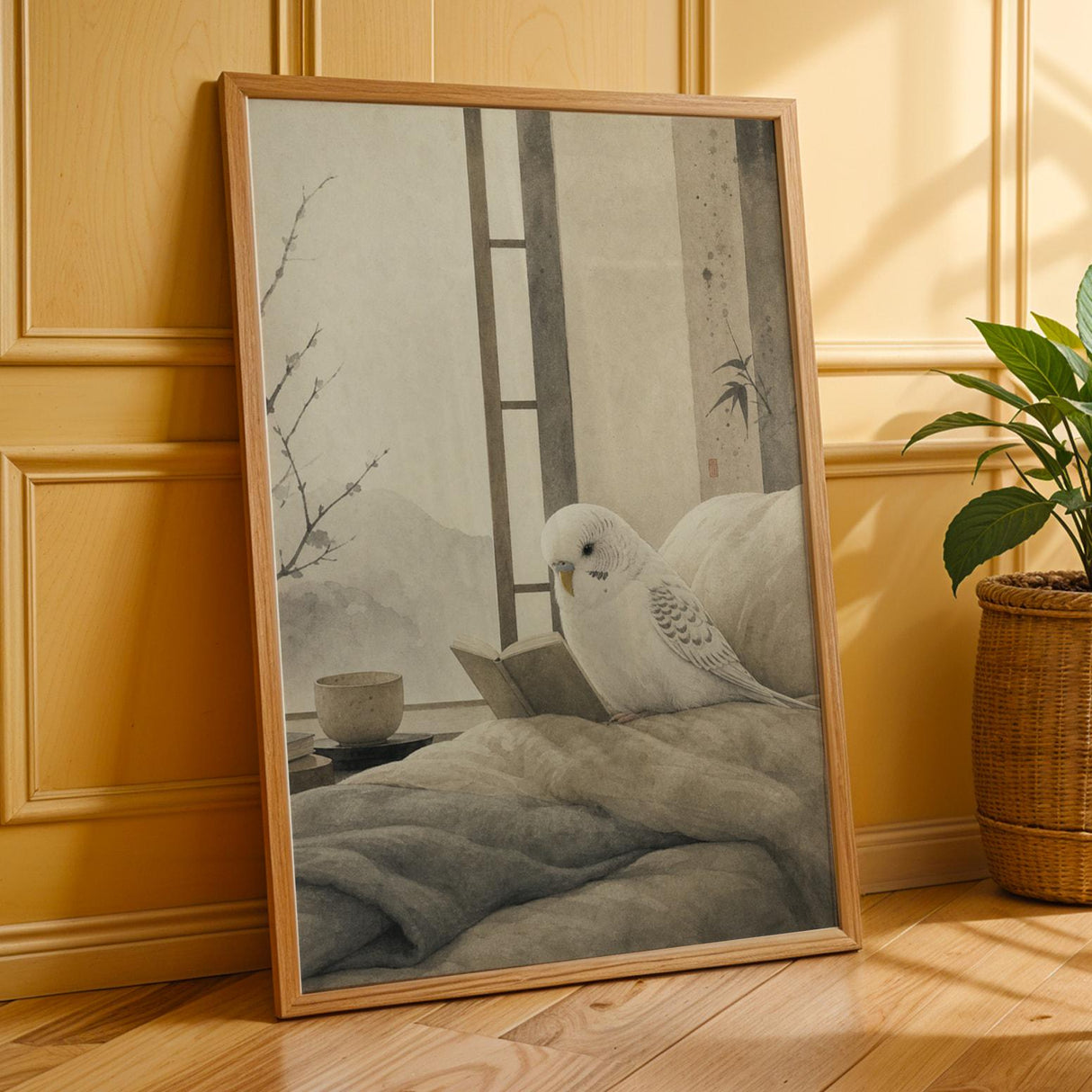 White Budgerigar Reading in Bed Poster | Japanese Zen Sumi-e Bird Wall Art | Warm Ivory Fog Gray Decor | Minimalist Bedroom Print