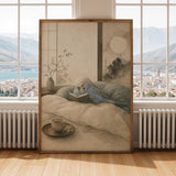 Sky Blue Budgerigar Reading in Bed Poster | Japanese Zen Ink Wash Bird Wall Art | Teal Warm Ivory Decor | Minimalist Bedroom Print