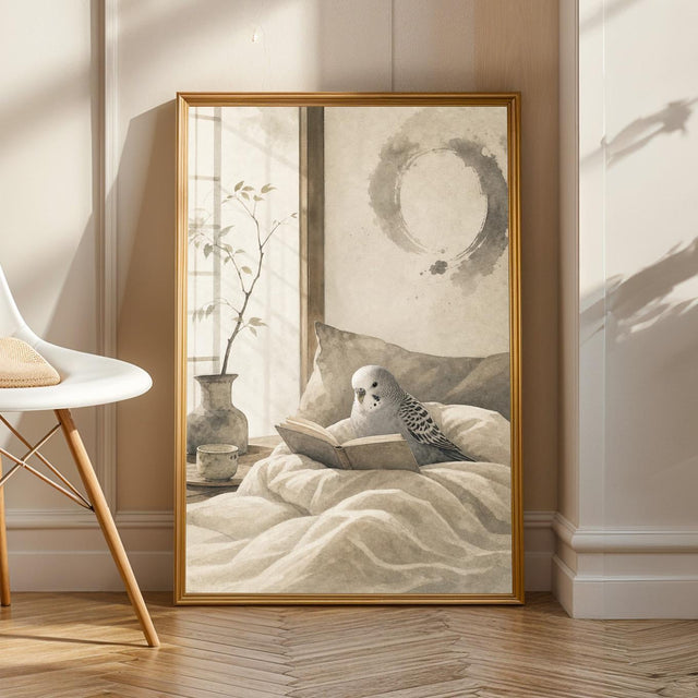 Budgerigar Reading in Bed Poster | Japanese Zen Ink Wash Bird Wall Art | Warm Ivory Fog Gray Decor | Minimalist Bedroom Print
