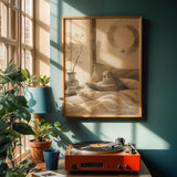 Budgerigar Reading in Bed Poster | Japanese Zen Ink Wash Bird Wall Art | Warm Ivory Fog Gray Decor | Minimalist Bedroom Print