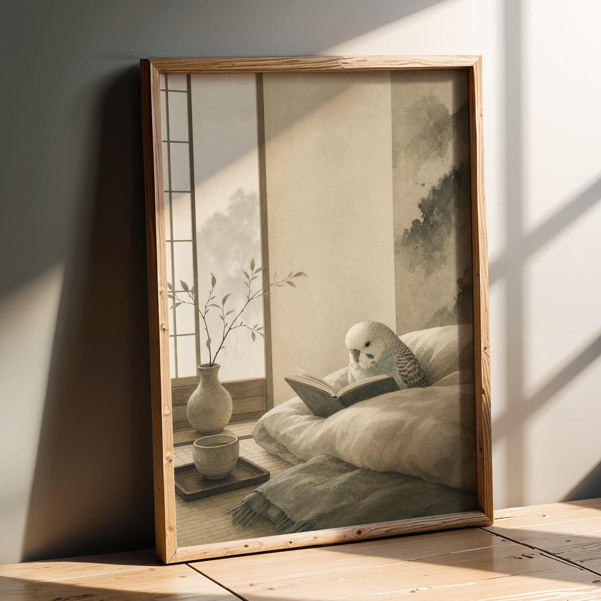 English Budgerigar Reading in Bed Poster | Japanese Zen Ink Wash Bird Wall Art | Warm Ivory Fog Gray Decor | Minimalist Bedroom Print