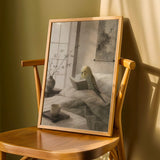 Yellowface Budgerigar Reading in Bed Poster | Japanese Zen Sumi-e Bird Wall Art | Warm Ivory Fog Gray Decor | Minimalist Bedroom Print