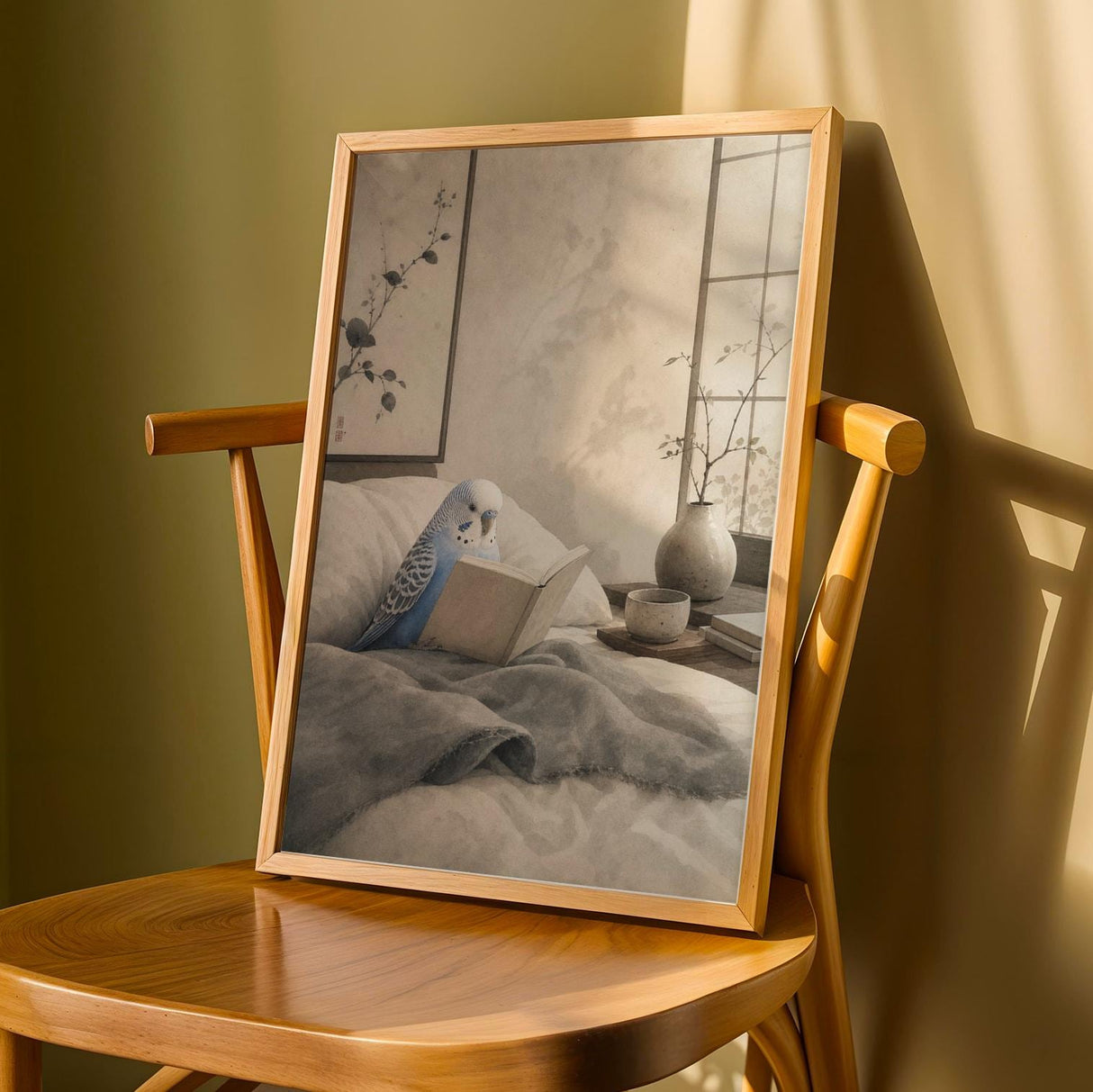 Pastel Blue Budgerigar Reading in Bed Poster | Japanese Zen Sumi-e Bird Wall Art | Periwinkle Blue Warm Ivory Decor | Bedroom Print