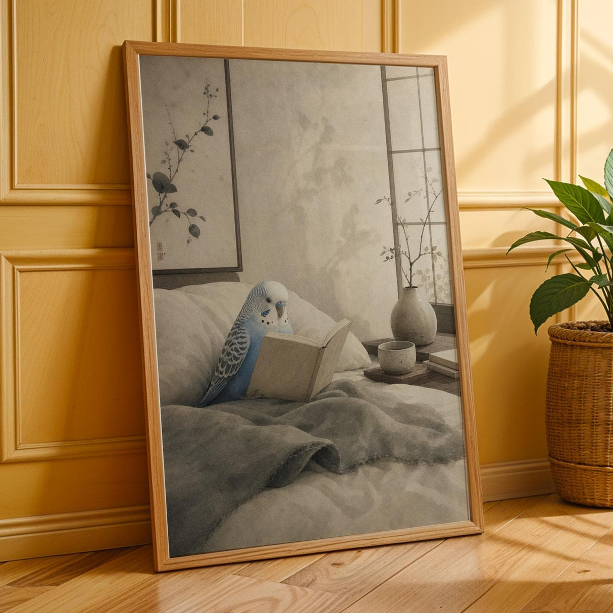 Pastel Blue Budgerigar Reading in Bed Poster | Japanese Zen Sumi-e Bird Wall Art | Periwinkle Blue Warm Ivory Decor | Bedroom Print