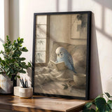 Light Blue Budgerigar Reading in Bed Poster | Japanese Zen Watercolor Bird Wall Art | Fog Gray Ivory Decor | Minimalist Bedroom Print