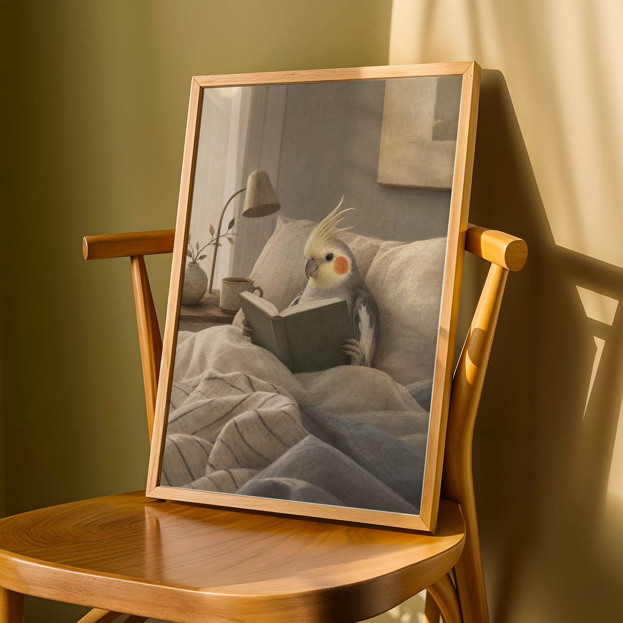 Cockatiel Reading in Bed Poster | Scandinavian Gouache Bird Wall Art | Warm Beige Blue Gray Decor | Cozy Minimalist Bedroom Print