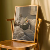 Cockatiel Reading in Bed Poster | Scandinavian Gouache Bird Wall Art | Warm Beige Blue Gray Decor | Cozy Minimalist Bedroom Print