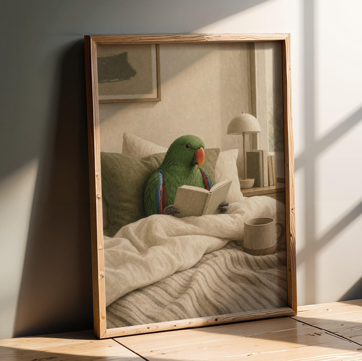 Silver Budgerigar Reading in Bed Poster | Japanese Zen Sumi-e Bird Wall Art | Warm Ivory Fog Gray Decor | Minimalist Bedroom Print