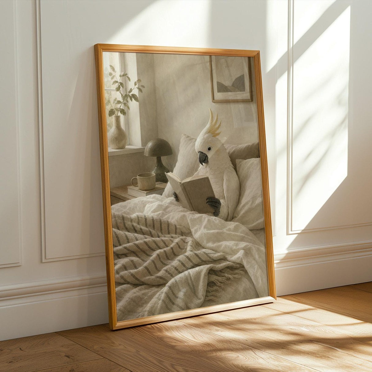 White Cockatoo Reading in Bed Poster | Scandinavian Gouache Bird Wall Art | Warm Beige Oat Milk Decor | Cozy Minimalist Bedroom Print