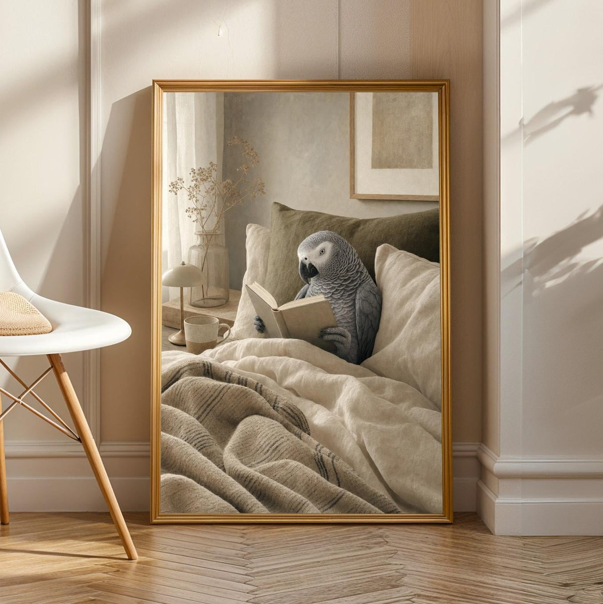African Grey Parrot Reading in Bed Poster | Modern Soft Gouache Bird Wall Art | Warm Beige Oat Milk Decor | Cozy Minimalist Bedroom Print