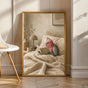 Galah Parrot Reading in Bed Poster | Modern Gouache Bird Wall Art | Warm Beige Dusty Rose Decor | Cozy Minimalist Bedroom Print