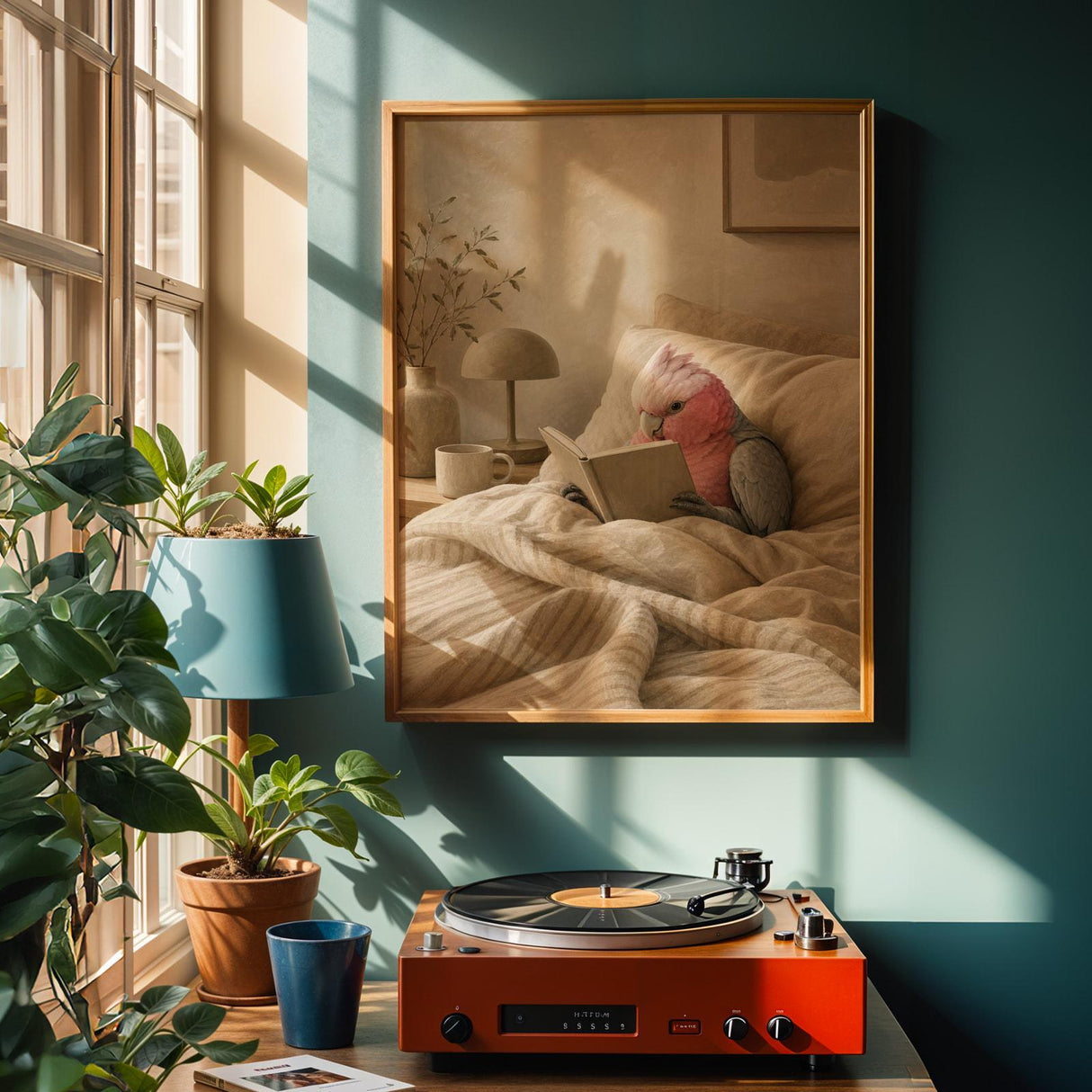 Galah Parrot Reading in Bed Poster | Modern Gouache Bird Wall Art | Warm Beige Dusty Rose Decor | Cozy Minimalist Bedroom Print