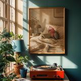 Galah Parrot Reading in Bed Poster | Modern Gouache Bird Wall Art | Warm Beige Dusty Rose Decor | Cozy Minimalist Bedroom Print