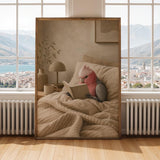 Galah Parrot Reading in Bed Poster | Modern Gouache Bird Wall Art | Warm Beige Dusty Rose Decor | Cozy Minimalist Bedroom Print