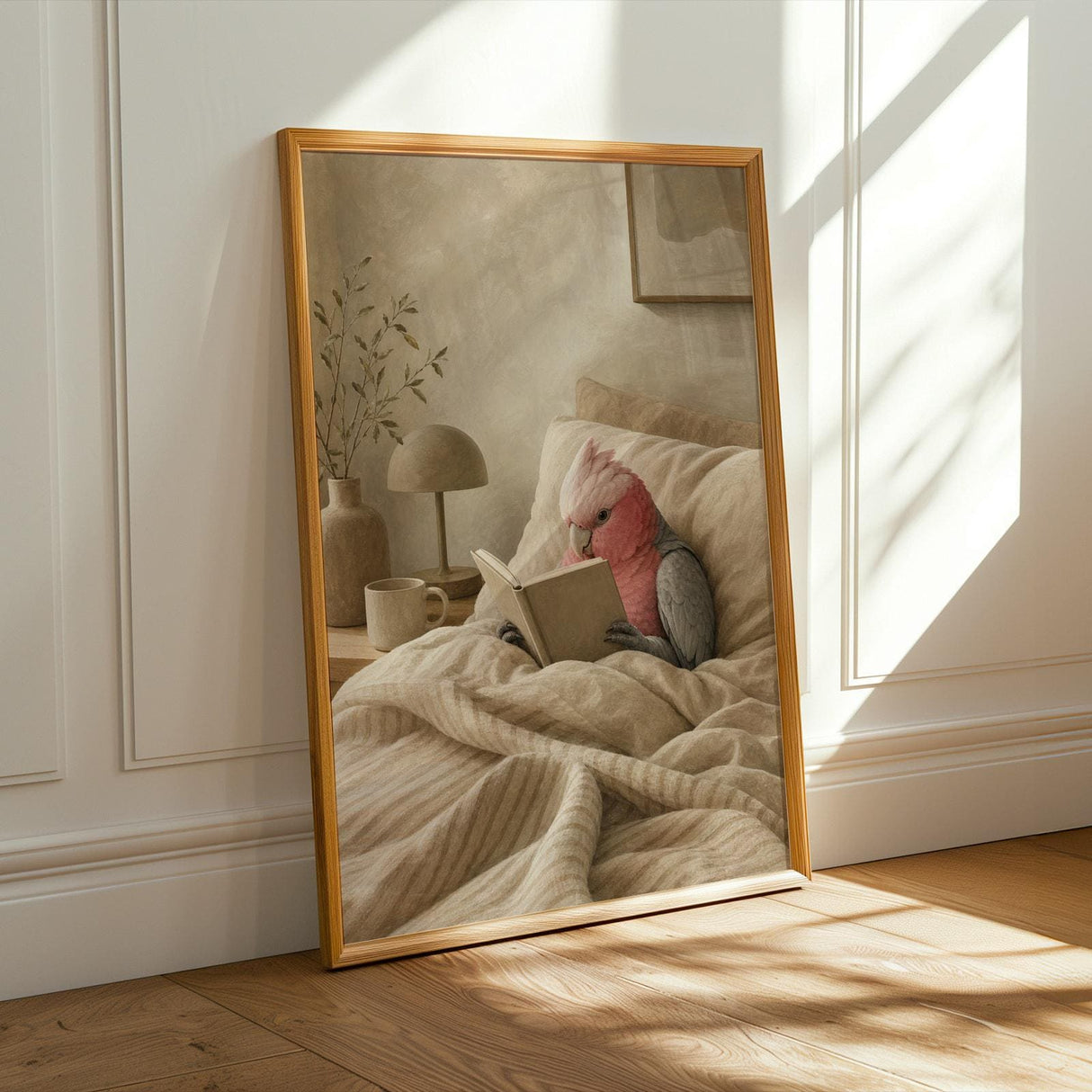 Galah Parrot Reading in Bed Poster | Modern Gouache Bird Wall Art | Warm Beige Dusty Rose Decor | Cozy Minimalist Bedroom Print