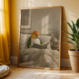 White Bellied Caique Reading in Bed Poster | Modern Gouache Bird Wall Art | Warm Beige Oat Milk Decor | Cozy Minimalist Bedroom Print