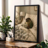 Dusky Conure Reading in Bed Poster | Scandinavian Gouache Bird Wall Art | Warm Beige Oat Milk Decor | Cozy Minimalist Bedroom Print