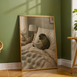 Dusky Conure Reading in Bed Poster | Scandinavian Gouache Bird Wall Art | Warm Beige Oat Milk Decor | Cozy Minimalist Bedroom Print