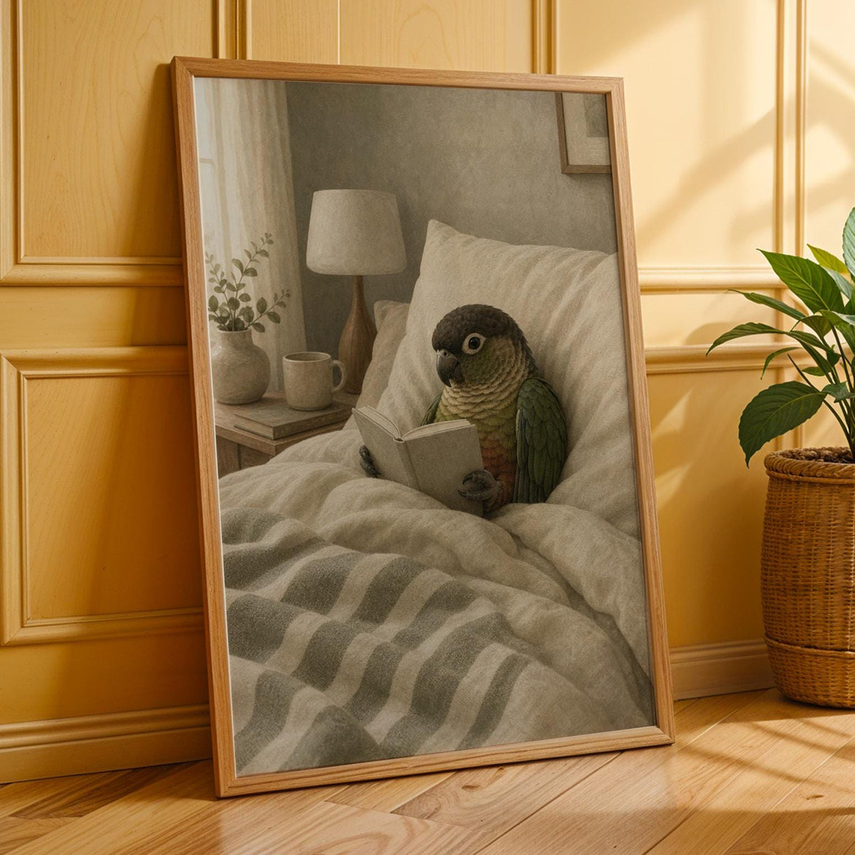 Dusky Conure Reading in Bed Poster | Scandinavian Gouache Bird Wall Art | Warm Beige Oat Milk Decor | Cozy Minimalist Bedroom Print