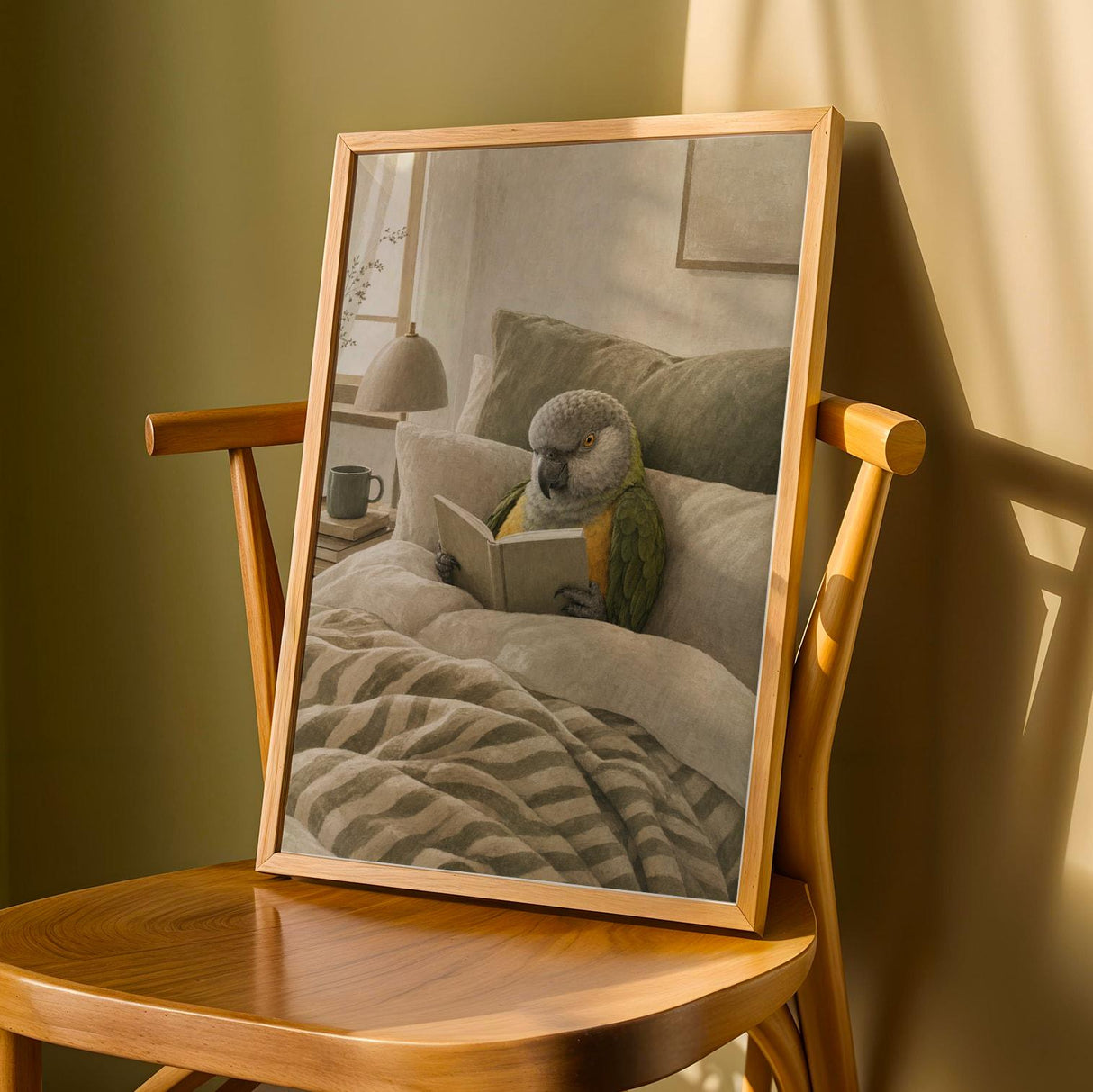 Senegal Parrot Reading in Bed Poster | Scandinavian Soft Gouache Bird Wall Art | Warm Beige Oat Milk Decor | Cozy Minimalist Bedroom Print