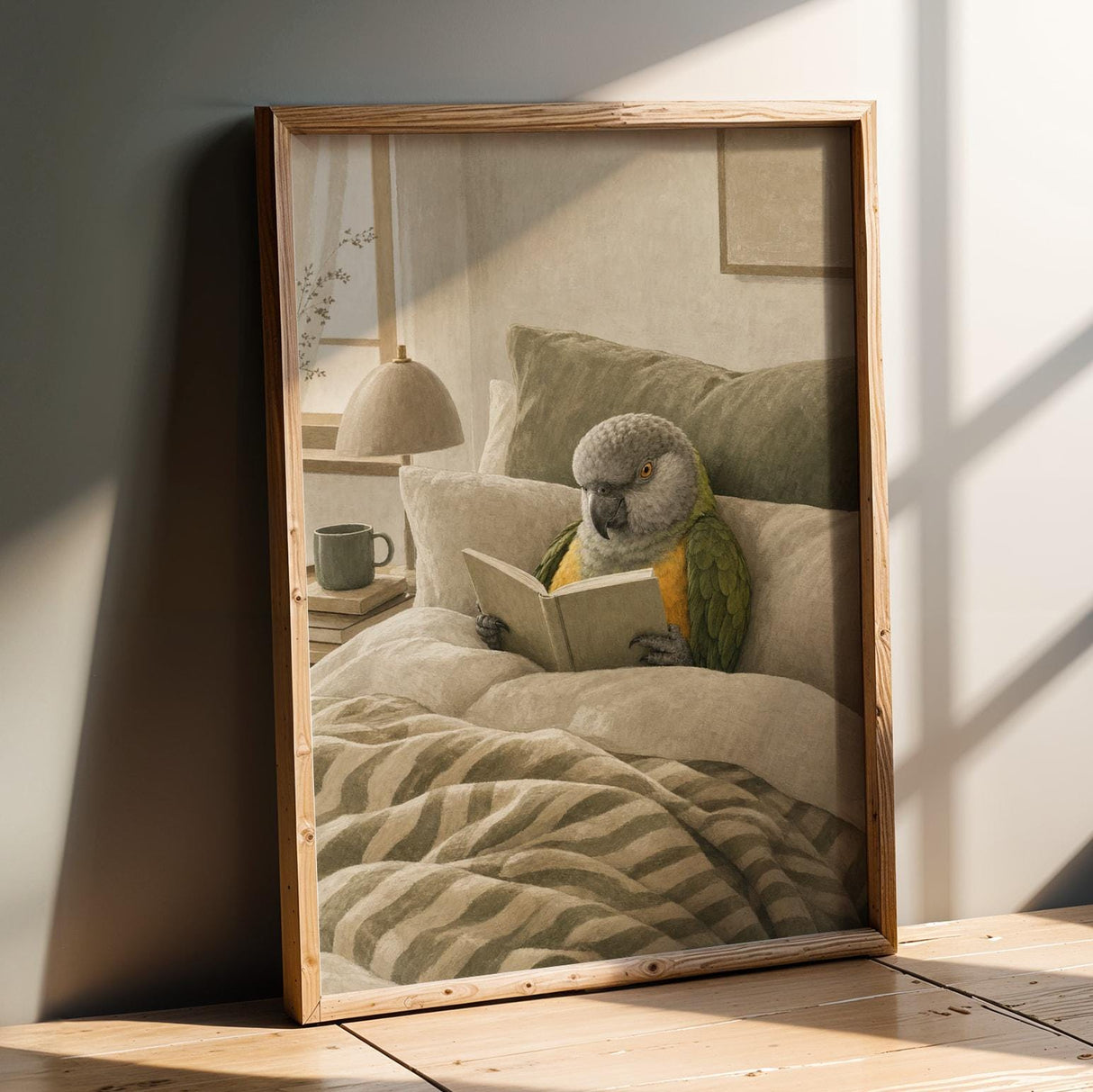 Senegal Parrot Reading in Bed Poster | Scandinavian Soft Gouache Bird Wall Art | Warm Beige Oat Milk Decor | Cozy Minimalist Bedroom Print
