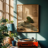 Eclectus Parrot Reading in Bed Poster | Japanese Zen Ink Wash Bird Wall Art | Warm Ivory Fog Gray Decor | Minimalist Bedroom Print
