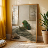 Eclectus Parrot Reading in Bed Poster | Japanese Zen Ink Wash Bird Wall Art | Warm Ivory Fog Gray Decor | Minimalist Bedroom Print