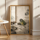 Senegal Parrot Reading in Bed Poster | Japanese Zen Ink Wash Bird Wall Art | Warm Ivory Fog Gray Decor | Minimalist Bedroom Print