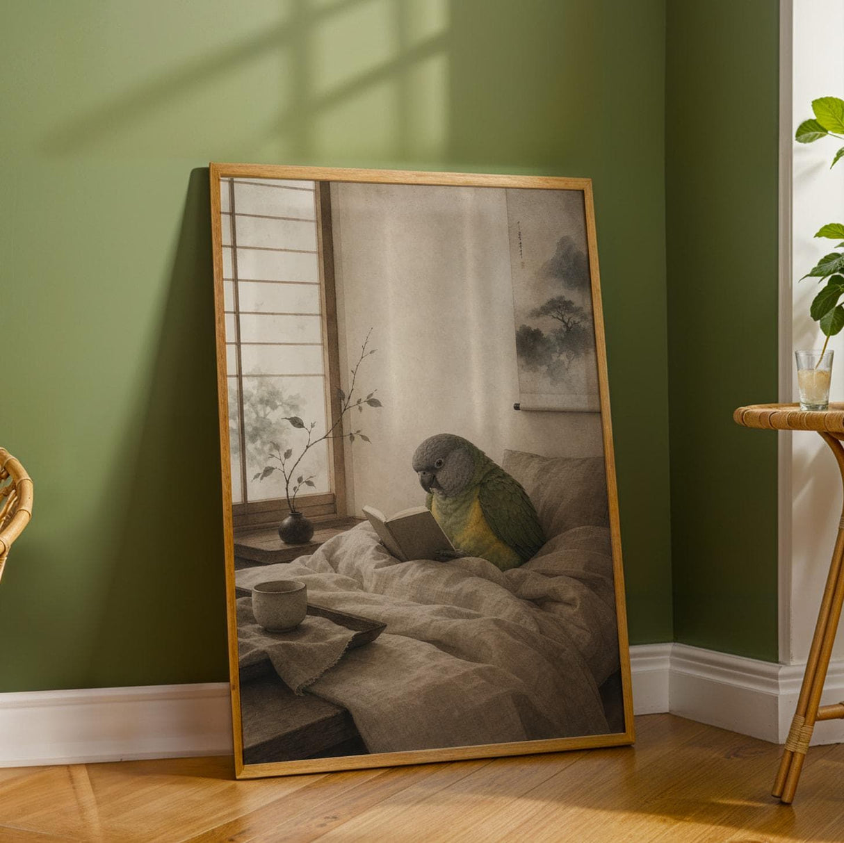 Senegal Parrot Reading in Bed Poster | Japanese Zen Ink Wash Bird Wall Art | Warm Ivory Fog Gray Decor | Minimalist Bedroom Print