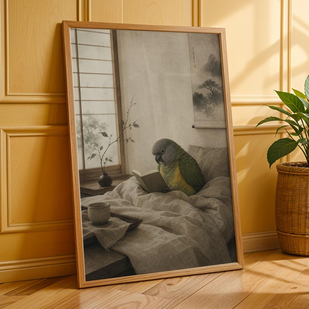 Senegal Parrot Reading in Bed Poster | Japanese Zen Ink Wash Bird Wall Art | Warm Ivory Fog Gray Decor | Minimalist Bedroom Print