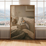 Silver Cockatiel Reading in Bed Poster | Scandinavian Gouache Bird Wall Art | Warm Beige Oat Milk Decor | Cozy Minimalist Bedroom Print