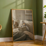 Silver Cockatiel Reading in Bed Poster | Scandinavian Gouache Bird Wall Art | Warm Beige Oat Milk Decor | Cozy Minimalist Bedroom Print