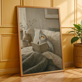 Silver Cockatiel Reading in Bed Poster | Scandinavian Gouache Bird Wall Art | Warm Beige Oat Milk Decor | Cozy Minimalist Bedroom Print