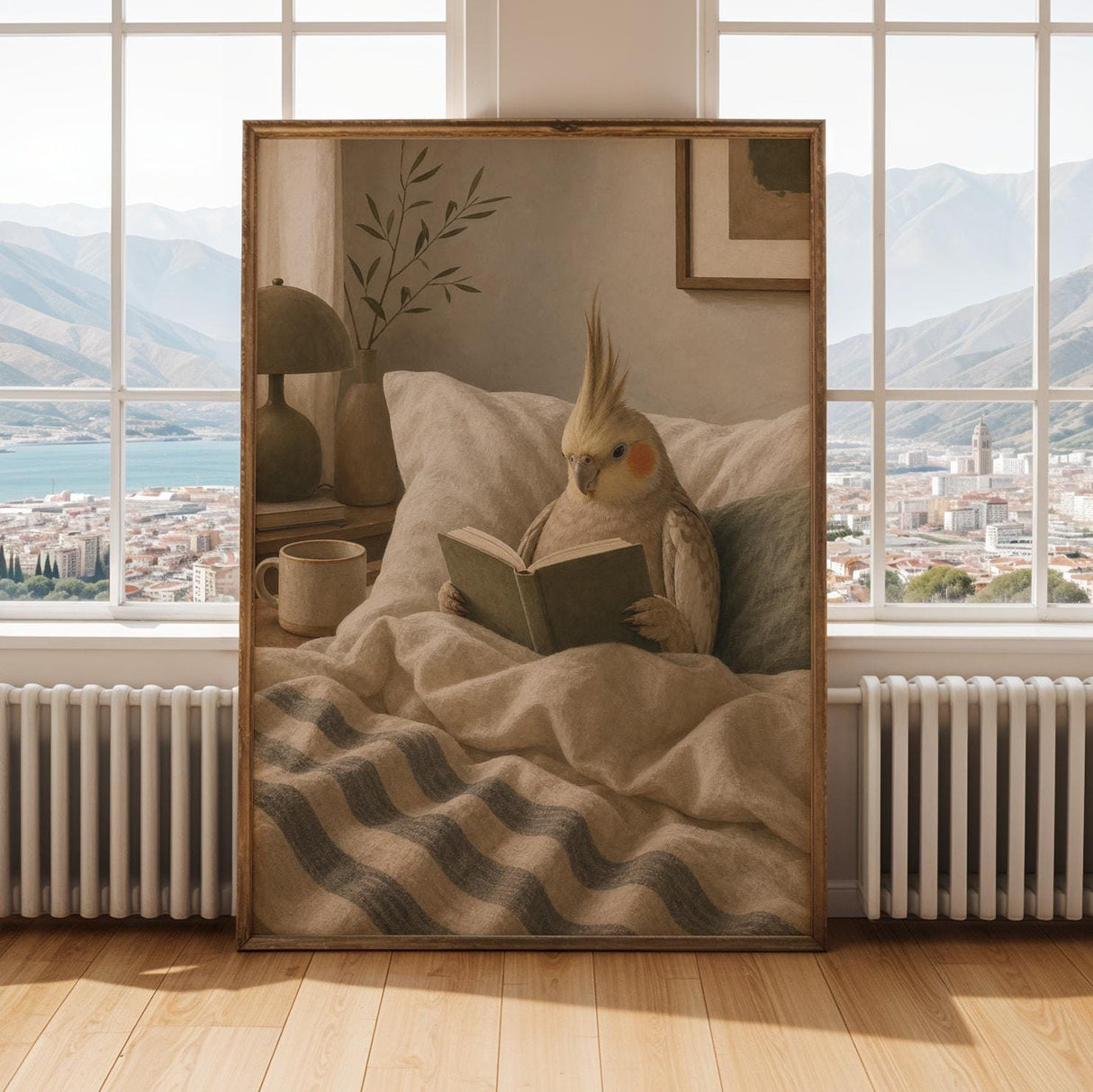 Cinnamon Cockatiel Reading in Bed Poster | Scandinavian Gouache Bird Wall Art | Warm Beige Ivory Decor | Cozy Minimalist Bedroom Print