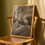Pied Cockatiel Reading in Bed Poster | Scandinavian Gouache Bird Wall Art | Warm Beige Ivory Decor | Cozy Minimalist Bedroom Print