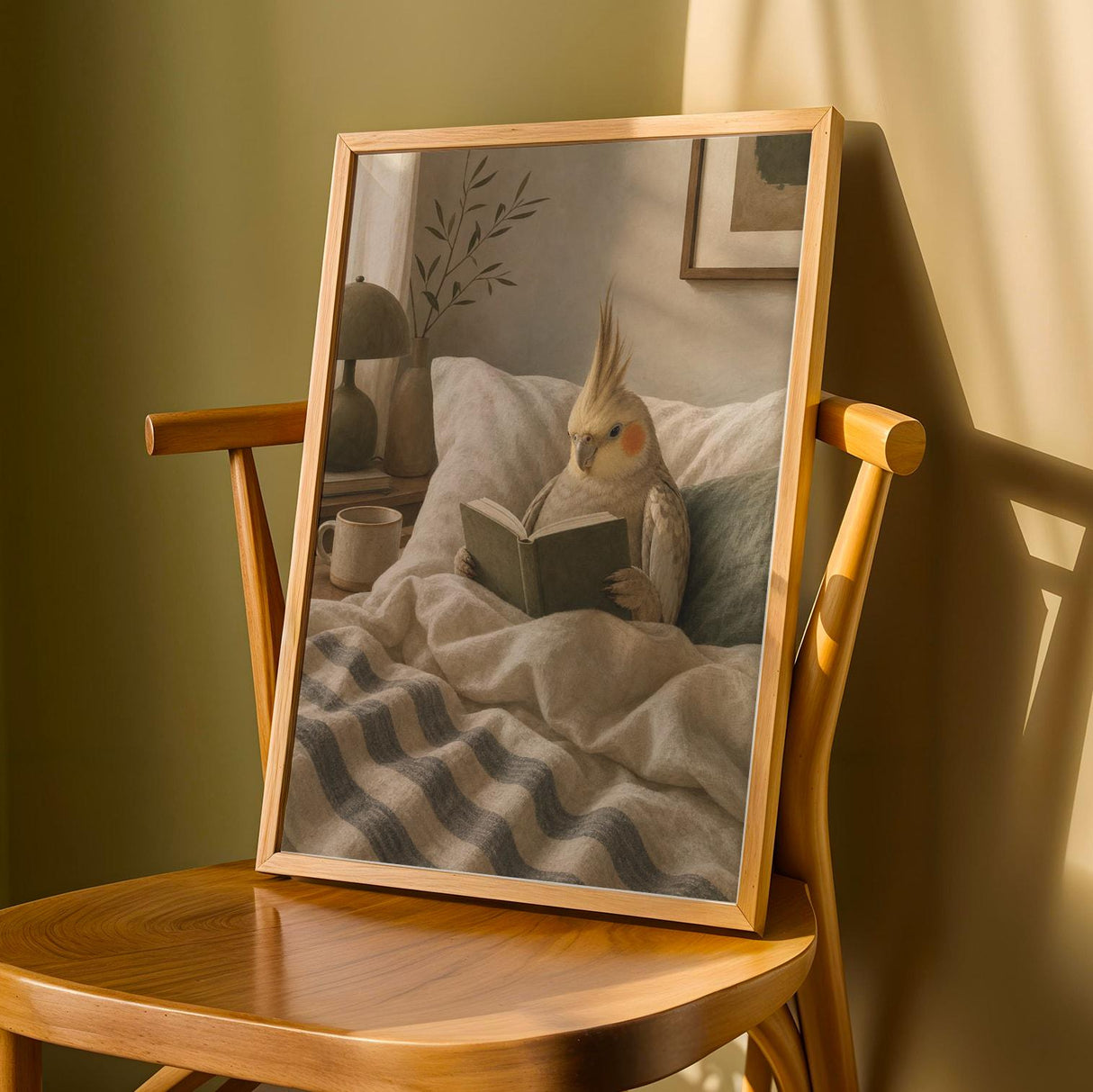 Cinnamon Cockatiel Reading in Bed Poster | Scandinavian Gouache Bird Wall Art | Warm Beige Ivory Decor | Cozy Minimalist Bedroom Print