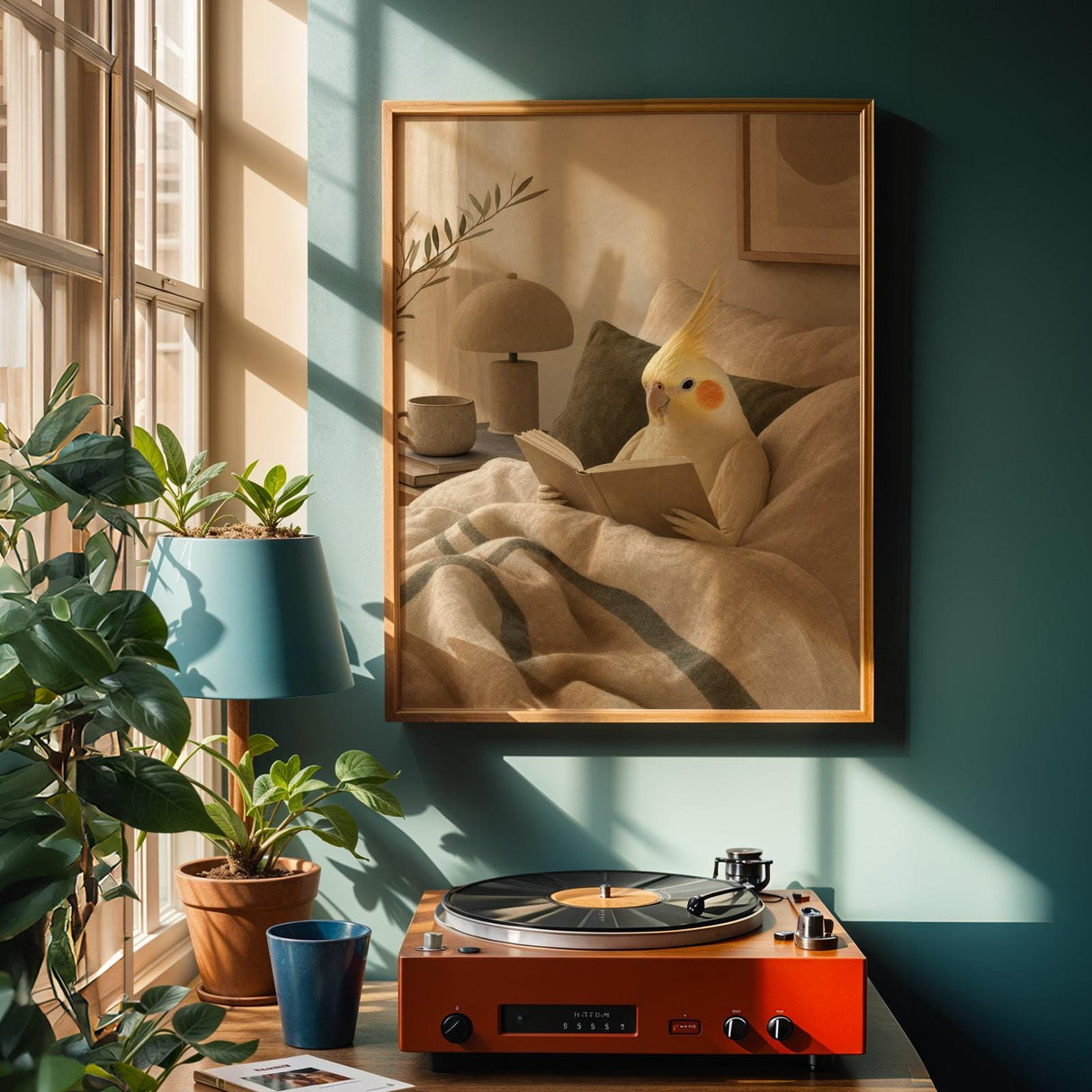 Lutino Cockatiel Reading in Bed Poster | Modern Soft Gouache Bird Wall Art | Warm Beige Oat Milk Decor | Cozy Minimalist Bedroom Print