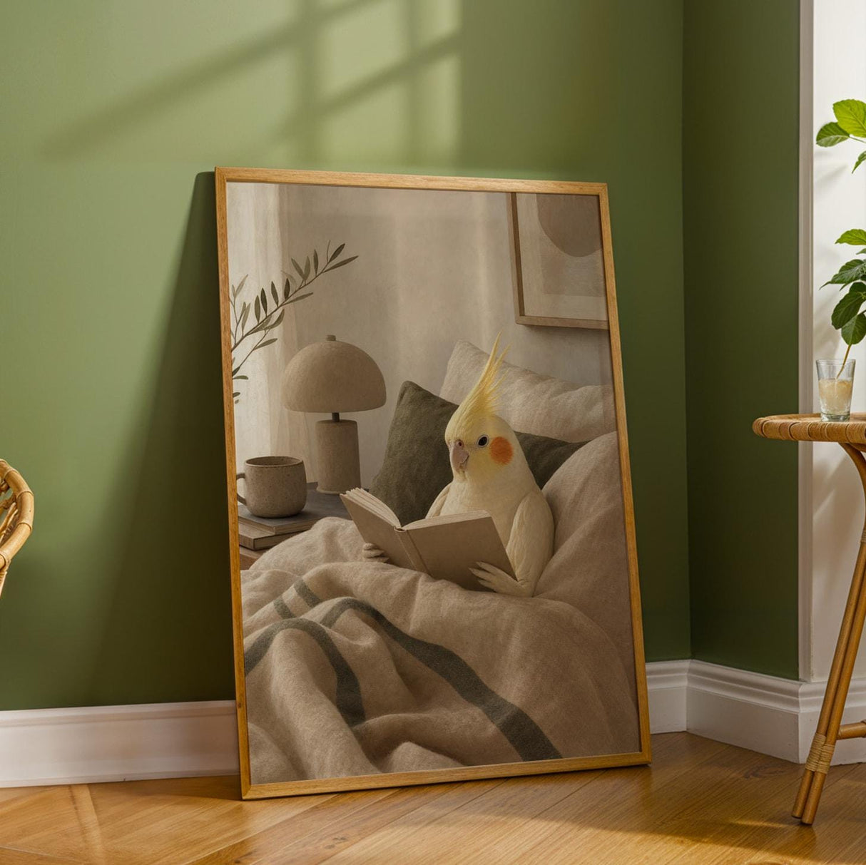 Lutino Cockatiel Reading in Bed Poster | Modern Soft Gouache Bird Wall Art | Warm Beige Oat Milk Decor | Cozy Minimalist Bedroom Print