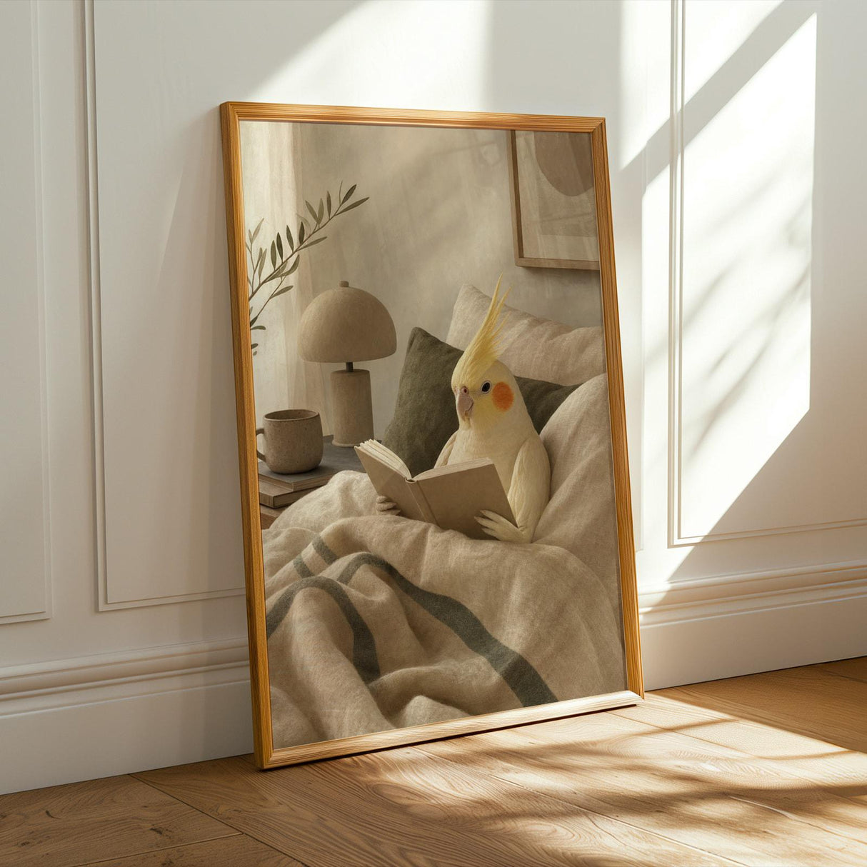 Lutino Cockatiel Reading in Bed Poster | Modern Soft Gouache Bird Wall Art | Warm Beige Oat Milk Decor | Cozy Minimalist Bedroom Print