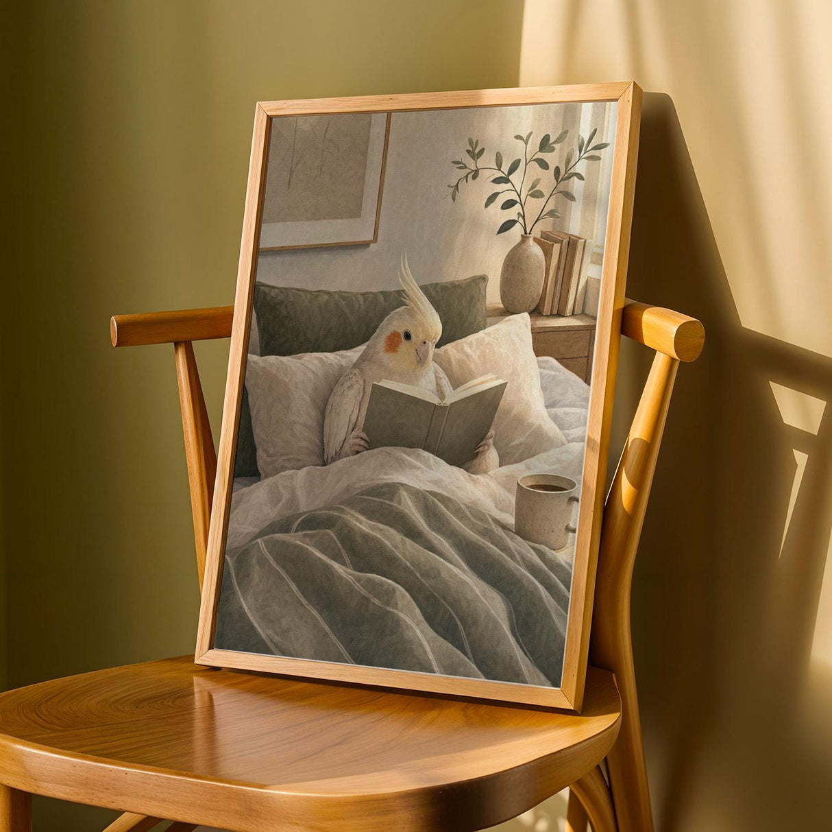 Pearl Cockatiel Reading in Bed Poster | Modern Gouache Bird Wall Art | Warm Beige Soft Ivory Decor | Cozy Minimalist Bedroom Print