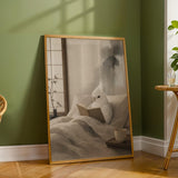 Cockatiel Reading in Bed Poster | Japanese Zen Sumi-e Bird Wall Art | Warm Ivory Fog Gray Decor | Minimalist Reading Nook Print