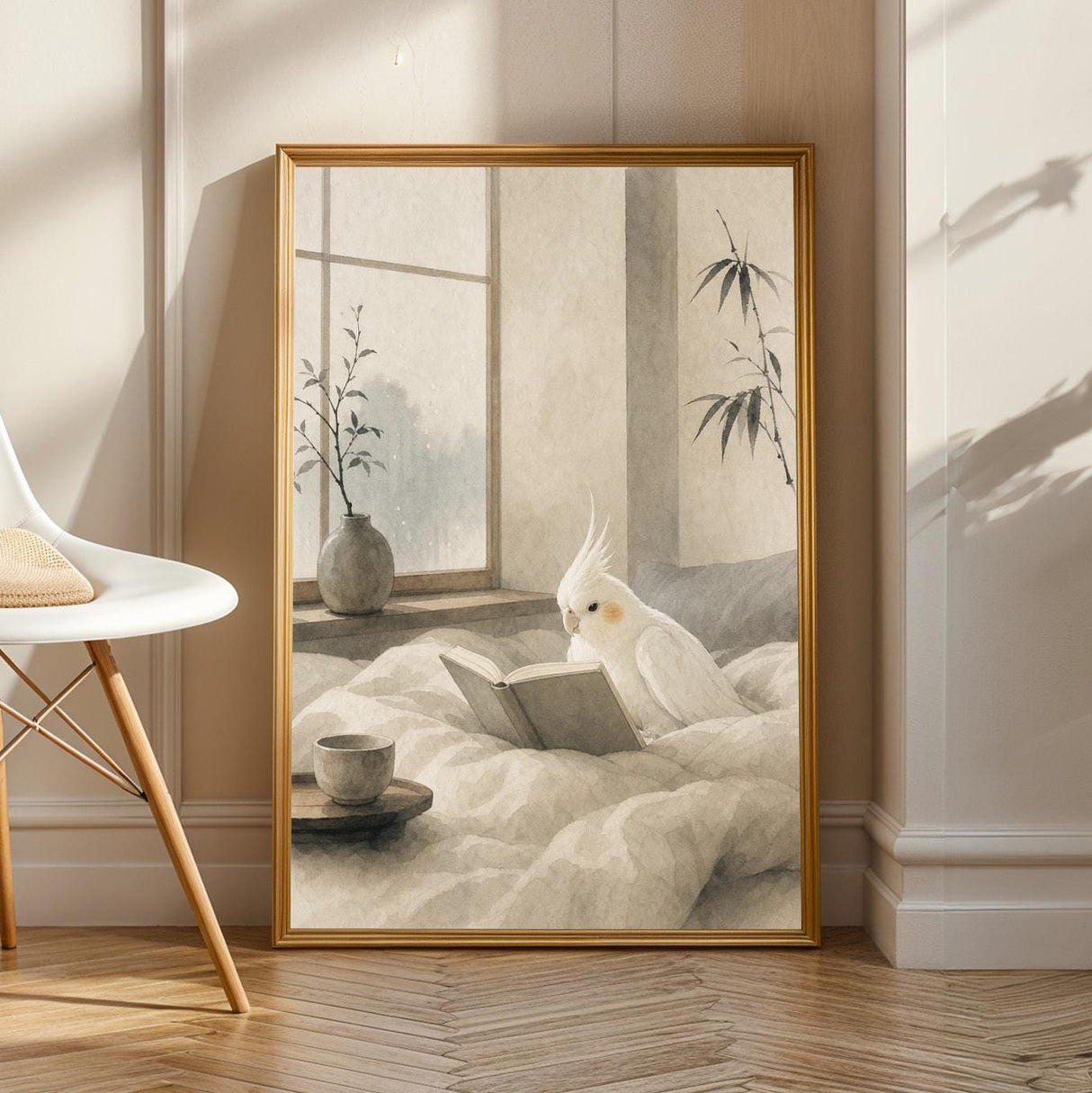 Albino Cockatiel Reading in Bed Poster | Japanese Zen Sumi-e Bird Wall Art | Warm Ivory Fog Gray Decor | Minimalist Bedroom Print
